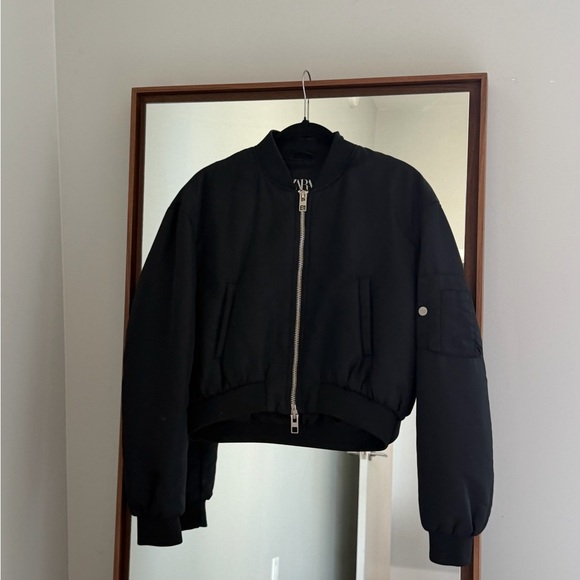 Zara Black Bomber Jacket with Silver Zipper - Picture 1 of 5